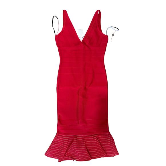 HERVÉ LÉGER Romantic Cocktail Metallic Trim Designer Bandage Midi Dress $1,690 - Picture 2 of 8